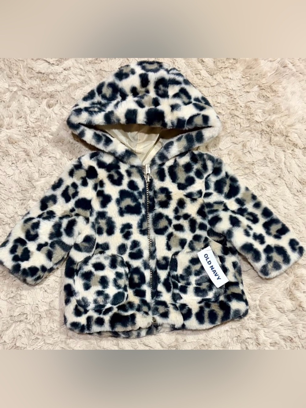 New Old Navy Black & White Faux Fur Leopard Hooded Coat